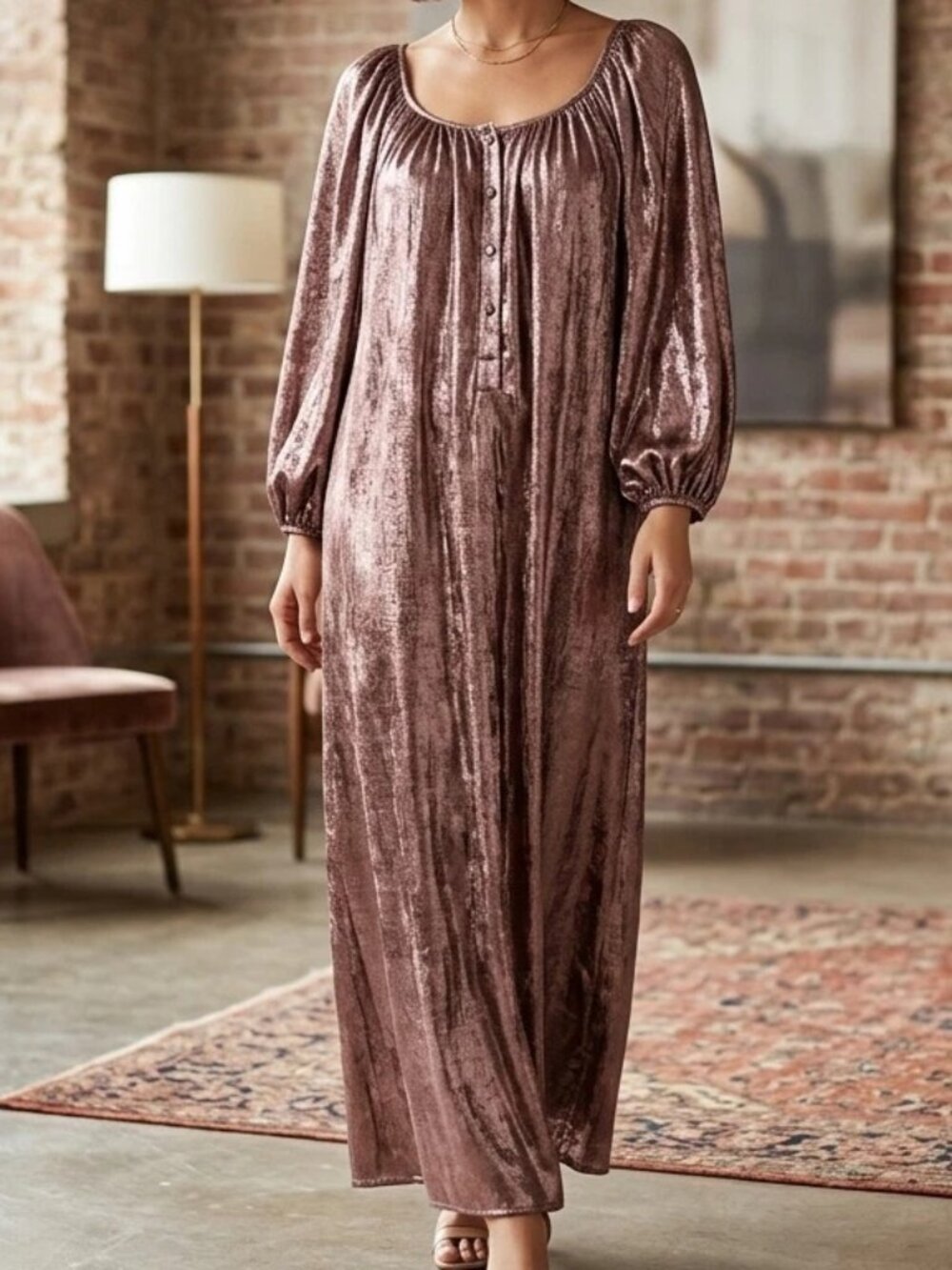 The Great Shimmer Midi Dress Gathered Balloon Sleeve Oversized L/XL 274565